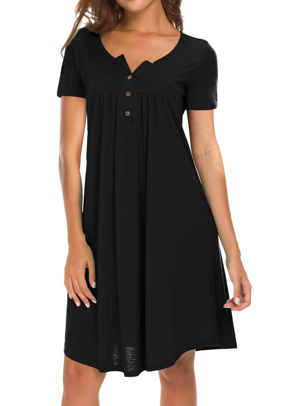 AMCLOS Womens V Neck Dress Swing Simple Ruffle Button up Short/Long Sleeve T-Shirt Loose Casual Dress (Large, Short-Black)