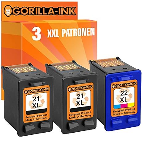 Gorilla-Ink Set 3 Tintenpatronen XXL remanufactured für HP 21 XL Black & HP 22 XL Color