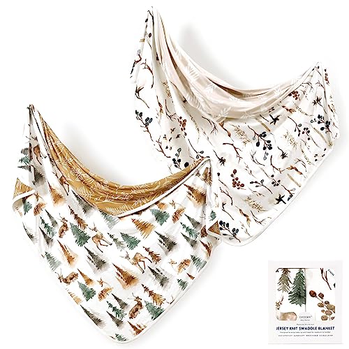 GRSSDER Baby Blankets Super Soft Stretchy Jersey Swaddle Blanket 2 Pack for Girls and Boys, Double Layer Reversible Receiving Blankets 34 x 44, Extra Large for Swaddling, Deer & Beige