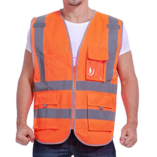 GOGO 8 Pockets High Visibility Zipper Front Safety Vest With Reflective Strips-Orange-L