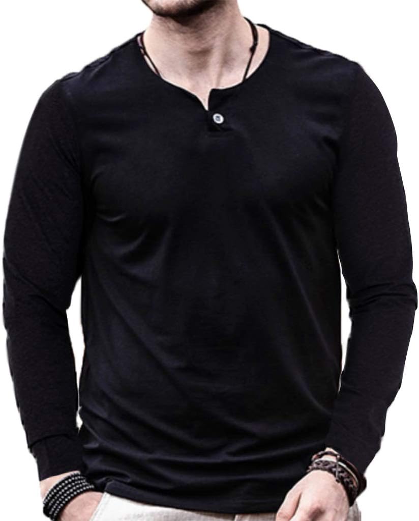 Mens Summer Cotton Casual Henley Shirts Single Button Placket Plain v Neck T-Shirts Regular Fit
