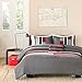 Mi Zone Cozy Comforter Set Geometric Stripes Vibrant Color Design All Season Bedding Matching Shams, Decorative Pillow, Full/Queen, Red/Grey, 4 Piece