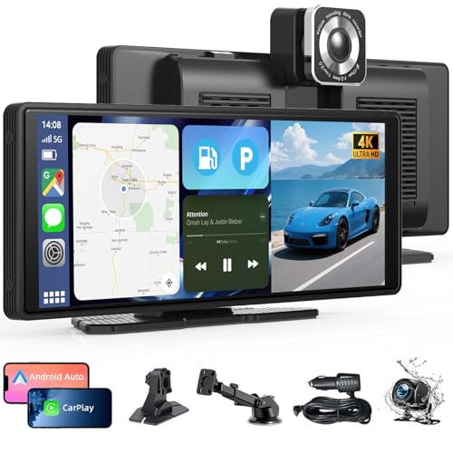 10.26" Pantalla Carplay Coche para Apple CarPlay & Android Auto, Táctil Pantalla con 4K Dash Cam / 1080P Cámara Retrovisora, CarPlay Autoradio Pantalla Táctil Soporta Doble WiFi / Video