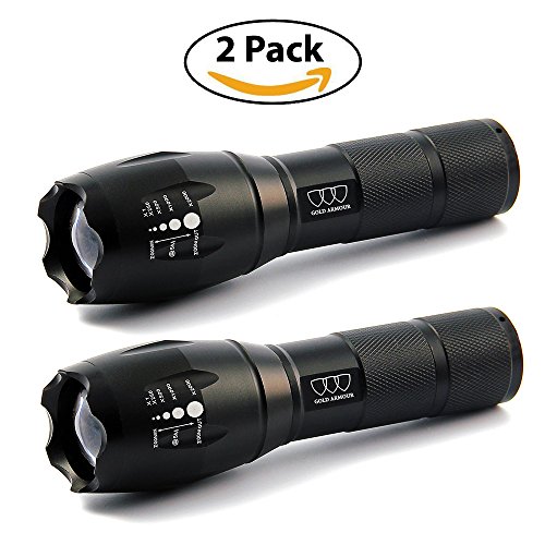 Tactical Flashlight, Brightest Nightlight Flashlight LED, Gold Armour 1000 Lumens Zoomable and Waterproof Outdoor Handheld Flashlight,Adjustable Focus and 5 Light Modes for Camping Emergency (2 Pack)