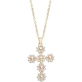 Pearl Cross Necklace for Women Dainty Gold and Pearl Cross Necklaces Bridal Bridesmaid Wedding Faith Christian Jewelry Gift