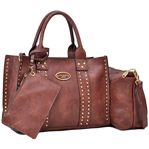 Women Handbag 3 Pieces Set Leather Shoulder Bag Satchel Purse 3 in 1 Simple Design Coffee