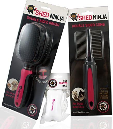 Shed Ninja Pet Grooming 3-piece Set Double Sided Comb &amp; Brush w/ Clip-on Pet Waste Bag Holder Deshedding Shedding Tools Dematting Brush Dogs Cats