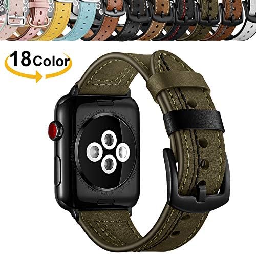 Chok Idea Genuine Leather Strap Compatible With Apple Watch 44mm 42mm,Trendy Casual Leather Band with Secure Metal Buckle Replacement for iWatch Series 5 & 4 3/2/1,Olive