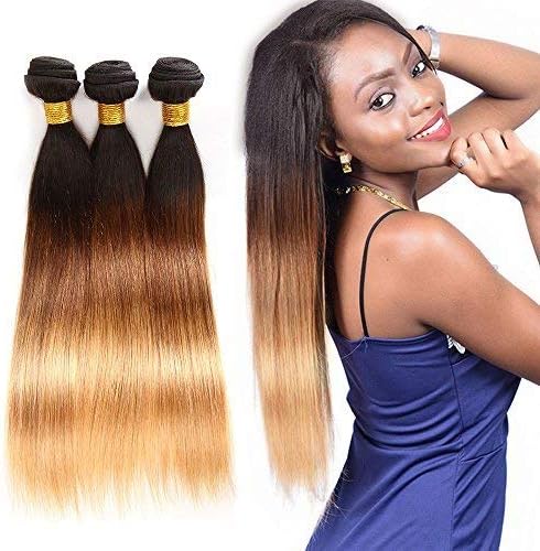 Ombre Brazilian Hair Straight Bundles 3pcs, Ombre Human Hair Weaves 3Tone Black to Brown to Blonde(16 18 20, T1b/4/27)