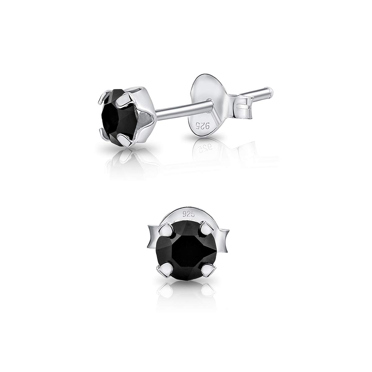 925 Sterling Silver Round SMALL Stud Earrings made with Glittering Crystals - Small Silver Studs Earrings for Woman - Diameter: 4 mm - Colour : Black