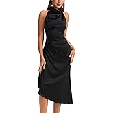 HTZMO Satin Mock Neck Backless Midi Dresses Ruched Back Tie Elegant Wedding Guest Formal Cocktail Party Dresses