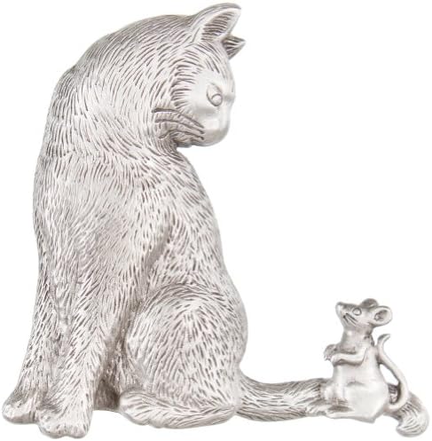 Animal World - Cat Looking at Mouse on Tail Metal Pin Silver