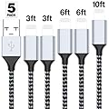 Lightning Cable Compatible with iPhone Xs/XR/X/8/8 Plus/7/7 Plus/6/6 Plus Charger 5Pack 3FT 3 FT 6FT 6FT 10FT to USB Syncing and Charging Cable Data Nylon Braided Cord Charger for iPhone and More