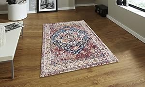 Image of Decoriny Kennington Vintage Recycled Material Printed Distressed Accent rug with Latex backing, 27"x45", Blue