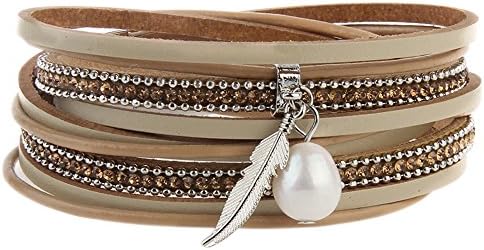Leather Charm Bracelets Braided Wrap Bracelet Pearls Feather Jewelry for Girls Women (A Foundation)
