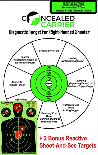 Concealed Carrier Diagnostic Shooting Targets, 12 x 18-Inch, (20 Pack) with 2 Reactive Shoot And See Paper Pistol Silloute Targets for Handguns - Right-Handed Shooter