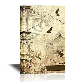 Canvas Wall Art - Birds and Bird Cage on Abstract Vintage Background - Gallery Wrap Modern Home Art | Ready to Hang - 12x18 inches