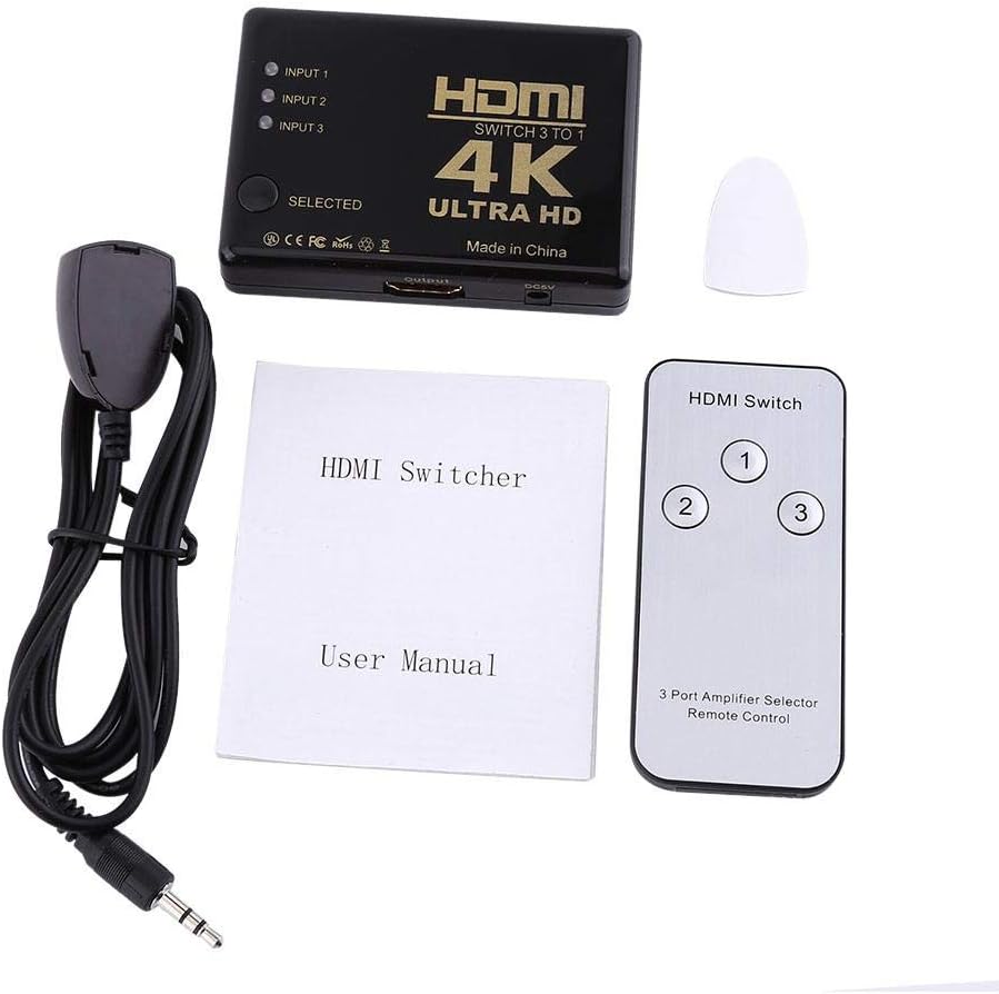 Socobeta HDMI Amplifier 4K Ultra HD 1080P 3 Port HDMI Amplifier Selector Splitter Hub with Remote Control