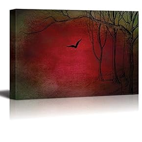 Illustration of Trees and a Crow Over a Red and Green Texture - Canvas Art Home Art - 12x18 inches