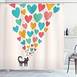 Ambesonne Cat Lover Decor Collection, Cute Cat in Love with Colorful Different Sizes of Hearts Happy Sweet Clipart, Polyester Fabric Bathroom Shower Curtain Set with Hooks, Teal Mustard Red