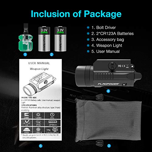 FLAGPOWER 1200 Lumens Weapon Light Compact Pistol Flashlight with Cree XML2 LED 2 x CR123A Lithium Batteries for Hiking, Camping, Hunting - Thumbnail 7