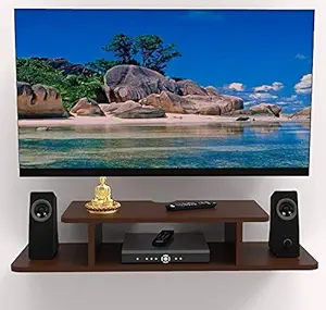 HandYcraze Wooden Floating TV Entertainment Unit - Wall Mounted Stand for Set Top Box, Wall Hanging Storage Shelf, Cabinet, Rack for Home, Bedroom, Living Room (Brown)