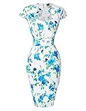 Womens 2016 Cap Sleeve Body Con Vintage Dress Summer Dress White Blue(S)