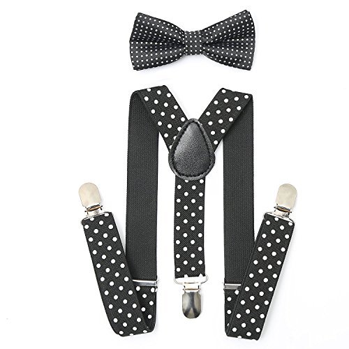 Kids Boys Girls Suspenders Strong Clips With Bow tie Set (Black Polka dot)