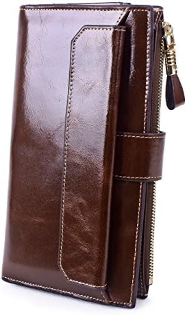 Grebag Women's Genuine Leather Bifold Wallets with Zipper Pocket &amp; Card Sleeve - For Up To 19 Cards Coffee