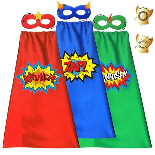 ADJOY Superhero Capes and Masks for Kids with Decorative Stickers - Superhero Birthday Party Dress Up Costume - Red Green Blue - 3 Sets