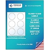 Premium Label Supply Glossy Clear Sticker Round Labels – 3" Circle – Laser/Inkjet Compatible – (6 per Sheet), 10 Sheets – 60 Total Adhesive Labels