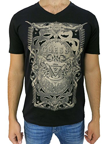 Guess Men's Logo Crest V-neck T-shirt (Large, Jet Black)