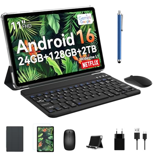 TABWEE 11 Inch Android 16 Tablet with Keyboard, 24GB RAM+128GB ROM+2TB Expansion, Octa-Core T615, 1920x1200 FHD+IPS, Gemini AI, 8000mAh, 13MP+5MP, 5G WiFi/GPS/Split-Screen/Face ID/BT5.0