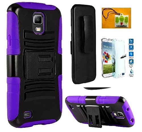 Galaxy S4, Straight Talk Samsung Galaxy S4 S975L LTE , LF Hybrid Armor Stand Case with Holster and Locking Belt Clip, with Tempered Glass Screen Protector & Wiper (Holster Purple)