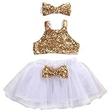 Weixinbuy Baby Girls Headband+Gold Sparkle Sequins Tops+Skirt 3 Pcs Outfit Set