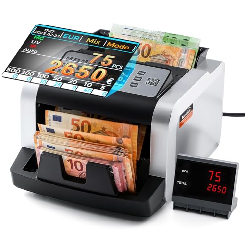 Bonvoisin Professional Banknote Counter, Value Counting for Mixed Euro Banknotes, Money Counter Machine with UV/MG/IR Detection, 1000 Pieces/Min, Banknote Counter with External Display