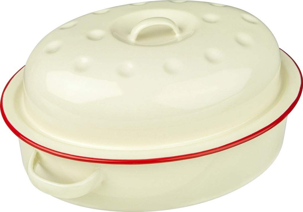 New Falcon Enamel Oval Roaster Cream with Red Trim 26cm