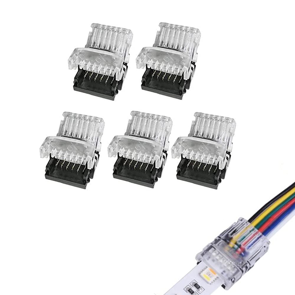 YUTOKEER LED Connector for Waterproof 6 pin 12mm RGBCCT-RGBWW-5050 LED Strips Lights, Strip-to-Wire Quick Connection Without Stripping, Icluding (5 Pieces)