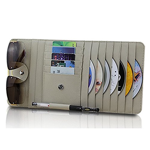 Genuine Leather 10 PocketS Car Sun Visor CD DVD Organizer , Car Sun Visor Storage,CD Holder,CD Visor Organizer For Car with Glasses and Pen Holder (Beige) - Thumbnail 7