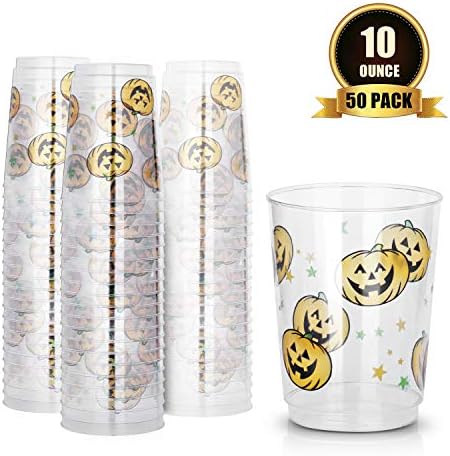 TOROTON 10oz Disposable Cups, 50 Pack Reusable & Recyclable Clear Plastic Wine Glasses for Halloween Christmas Party - Pumpkin Printing
