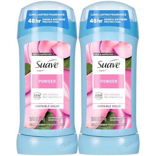 Suave Antiperspirant Deodorant for Women, Powder 2-Pack – Anti-Staining Invisible Solid, Talc-Free, 2.6 Oz Ea
