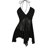 Milumia Women's Ruffle Rave Top Y2k Ruched V Neck Halter Backless Flowy Festival Country Tops