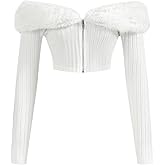 WDIRARA Women's Faux Fur Off Shoulder Crop Coat Zip Up Fuzzy Jackets Long Sleeve Knitted Outerwear