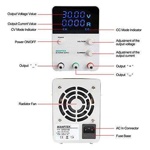Wanptek Voltage Regulator Switching 4 Digits Blue LED Display Switch Laboratory DC Power Supply 0-30V 0-10A Mini DC Power Supply Precision Variable Adjustable AC 115V/230V 50/60Hz - Thumbnail 3