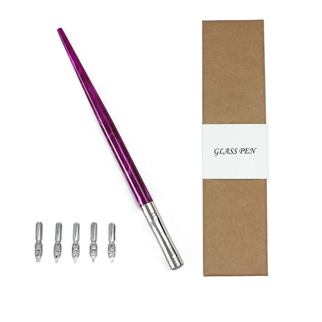 Hillento Resin Calligraphy Nib Pen Point Holder, Oblique English Calligraphy Pen Nib Holder with 5 Flat Nibs, Fuchsia