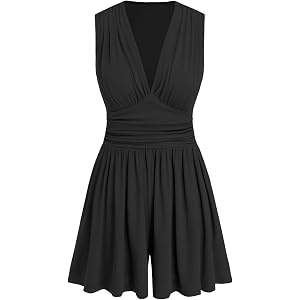 AUXDIO Women Summer Casual V Neck Romper Sleeveless Ruched Short Jumpsuits 2026 Beach Vacation Clothes