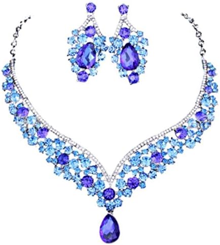 Glasshe Women's Elegant Jewelry V-shaped Teardrop Necklace and Pierced Earrings Set (blue-silver-tone)