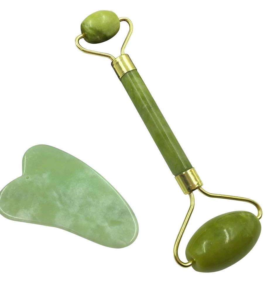 Ledeak Jade Face Roller, Natural Jade Roller Gua Sha Scraper Set, Puffiness Facial Massager Skin Care Solution for Anti-Aging, Slimming Massager for Neck Skin, Cheeks Slimmer, Skin Tightening