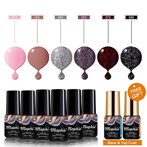 Maphie Gel Nail Polish Sets 6 Colours Glitter UV LED Soak Off Gel Varnish Manicure with FREE TOP BASE COAT SET 6ml