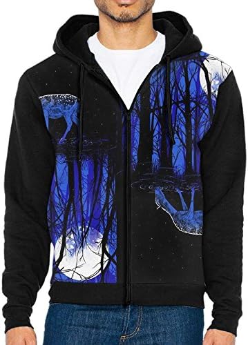 DASFDE Animal Moon And Deer Unique Men Full Zip White Hoodie Big Pockets Fashion